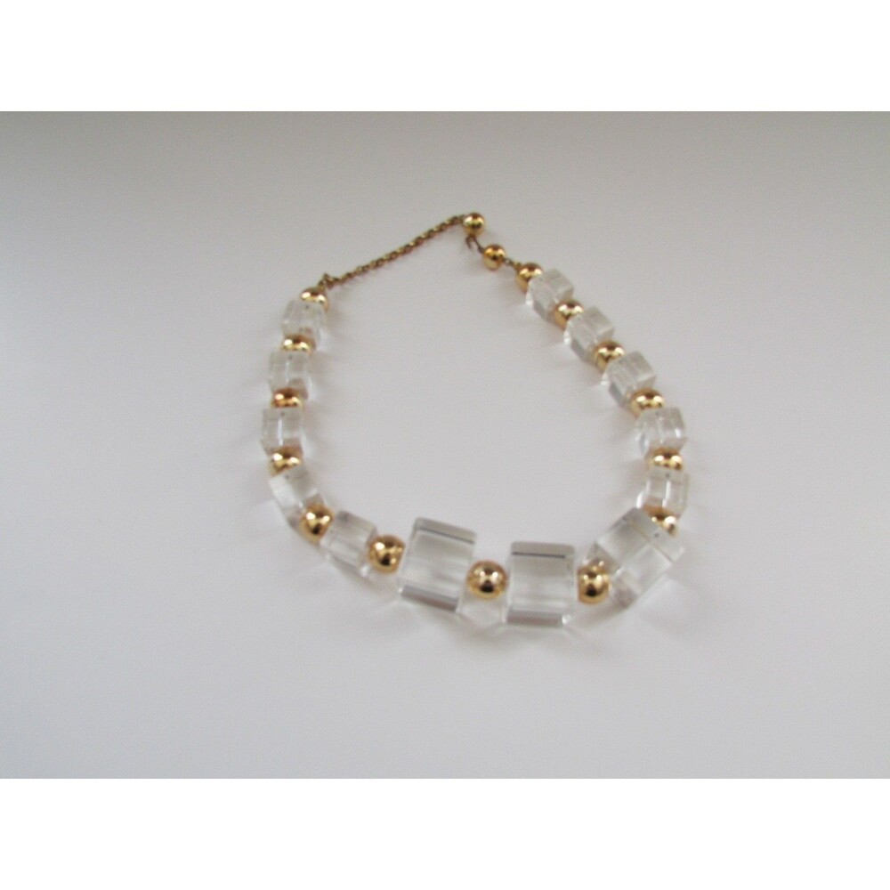 Vtg Clear Lucite Square Graduated Beads/Gold tone Separator Beads 14" Necklace